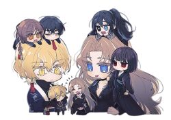 Rule 34 | 3boys, 3girls, black eyes, black gloves, black hair, black kimono, black shirt, blonde hair, blue eyes, breasts, brown eyes, brown hair, chibi, cigarette, cleavage, closed mouth, gloves, heterochromia, hong lu (project moon), japanese clothes, kimono, limbus company, lips, lm (lc goodgame), long hair, long sleeves, medium breasts, multiple boys, multiple girls, outis (project moon), project moon, red eyes, rodion (project moon), ryoshu (project moon), shirt, short hair, simple background, sinclair (project moon), upper body, very long hair, white background, yellow eyes, yi sang (project moon)