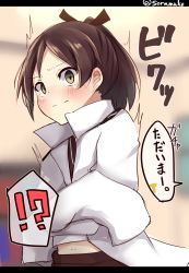 Rule 34 | !, !?, 10s, 1girl, ?, blush, brown eyes, brown hair, closed mouth, constricted pupils, hair ribbon, highres, jacket, kantai collection, long hair, long sleeves, military, military uniform, one-hour drawing challenge, parted bangs, ponytail, ribbon, shikinami (kancolle), skirt, solo, soramuko, spoken exclamation mark, spoken question mark, surprised, translated, twitter username, uniform, wavy mouth