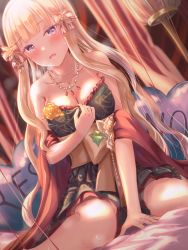Rule 34 | 1girl, blonde hair, blue eyes, blunt bangs, blush, bow, breasts, elf, hair bow, hair ornament, highres, kinom (sculpturesky), large breasts, long hair, looking at viewer, pointy ears, princess connect!, saren (christmas) (princess connect!), saren (princess connect!), solo