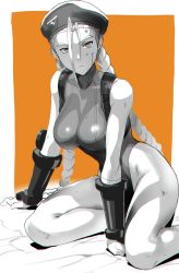 Rule 34 | 1girl, ahoge, antenna hair, bare shoulders, beret, blood, blood on face, braid, breasts, cammy white, closed mouth, fingerless gloves, garrison cap, gloves, greyscale, hands on floor, hat, highleg, highleg leotard, huge ahoge, injury, leotard, long hair, looking at viewer, medium breasts, monochrome, oetaro, ribbon, scratches, simple background, sitting, solo, street fighter, street fighter ii (series), street fighter iv (series), street fighter v, sweatdrop, tail, tail ornament, tail ribbon, twin braids, white background