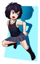 Rule 34 | 1girl, applepopsicle, arms at sides, artist request, black hair, bob cut, child, climbing wall, collarbone, collared shirt, female focus, full body, grey eyes, hair between eyes, happy, highres, legs, looking to the side, marvel, medium hair, miniskirt, neck, necktie, no shoes, open mouth, peni parker, school uniform, shadow, shirt, short sleeves, sidelocks, skirt, socks, spider-man: into the spider-verse, spider-man (series), spider-verse, spread legs, thighs, two-tone background, white shirt