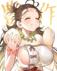 Rule 34 | 1girl, bare shoulders, blush, body markings, breasts, brown hair, closed eyes, dress, eating, facial mark, fate/grand order, fate (series), food, food on face, forehead, forehead mark, full mouth, happy, highres, himiko (fate), himiko (first ascension) (fate), jewelry, large breasts, long hair, magatama, magatama necklace, necklace, no bra, onigiri, rice, rice on face, sash, sideboob, smile, solo, topknot, twitter username, white dress, yayoi maka
