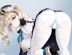 Rule 34 | 1girl, all fours, aqua eyes, ass, barbara (genshin impact), bare shoulders, blonde hair, blush, cameltoe, dress, drill hair, from behind, genshin impact, hair ornament, hat, highres, huge ass, long hair, panties, panties under pantyhose, pantyhose, shiny clothes, skirt, smile, solo, theatko, twin drills, twintails, underwear, upskirt, white pantyhose