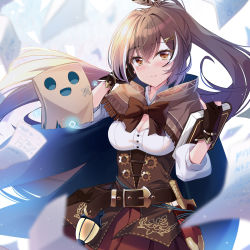 Rule 34 | 1girl, absurdres, belt, benchen06, blush, book, bow, breasts, brown belt, brown bow, brown cloak, brown eyes, brown gloves, brown hair, cloak, closed mouth, commentary, corset, cowboy shot, dagger, floating hair, friend (nanashi mumei), gloves, hair between eyes, hair ornament, hairclip, highres, holding, holding book, hololive, hololive english, knife, lantern, long hair, long sleeves, looking at viewer, medium breasts, multicolored hair, nanashi mumei, partially fingerless gloves, pleated skirt, ponytail, puffy long sleeves, puffy sleeves, red skirt, sheath, sheathed, shirt, skirt, smile, solo, standing, streaked hair, very long hair, virtual youtuber, weapon, white hair, white shirt