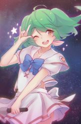 Rule 34 | 1girl, ahoge, blue bow, blush, bow, collarbone, commentary request, green hair, haiyun, highres, holding, holding microphone, long hair, macross, macross frontier, microphone, one eye closed, ranka lee, red eyes, shirt, short hair, short sleeves, skirt, smile, solo, twintails, white shirt, white skirt