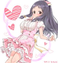 Rule 34 | 1girl, black hair, bow, breasts, brown eyes, center frills, closed mouth, dated, fingernails, forehead, frills, hair bow, heart, high ponytail, highres, idolmaster, idolmaster cinderella girls, large breasts, long hair, looking at viewer, mishima ryo, ohnuma kurumi, pink skirt, plaid, plaid skirt, pleated skirt, ponytail, puffy short sleeves, puffy sleeves, red bow, shirt, short sleeves, sidelocks, skirt, smile, solo, white background, white shirt, wrist cuffs
