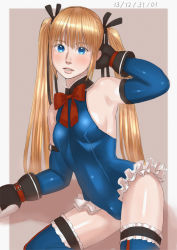 Rule 34 | 1girl, arm behind head, bare shoulders, blonde hair, blue eyes, blue one-piece swimsuit, blue thighhighs, blush, bow, dead or alive, dead or alive 5, detached sleeves, fingerless gloves, frilled thighhighs, frills, gloves, hair ribbon, halterneck, leotard, long hair, looking at viewer, marie rose, one-piece swimsuit, ribbon, solo, standing, swimsuit, thighhighs, twintails, zenkou