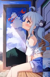 Rule 34 | 1girl, bare shoulders, blue eyes, blue hair, blue shorts, blurry, blurry foreground, blush, bottle, commentary request, day, depth of field, feet out of frame, highres, lens flare, long hair, midriff, off-shoulder shirt, off shoulder, original, outdoors, parted lips, profile, setmen, shirt, short shorts, short sleeves, shorts, side-tie shirt, sitting, solo, sweat, tied shirt, twintails, very long hair, water bottle, white shirt