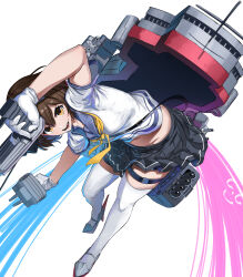 Rule 34 | 1girl, absurdres, adapted turret, blush, breasts, brown eyes, brown hair, cannon, gegeron, gloves, hairband, highres, kantai collection, looking at viewer, machinery, neckerchief, open mouth, ribbon, rigging, school uniform, serafuku, short hair, signature, small breasts, smile, smokestack, solo, tanikaze (kancolle), thighhighs, torpedo, torpedo launcher, torpedo tubes, turret, white background, white gloves, white thighhighs