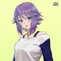 Rule 34 | 1girl, blue eyes, blush, candy, carlo montie, collarbone, commission, food, hair between eyes, jewelry, lollipop, medium hair, mouth hold, off-shoulder shirt, off shoulder, pendant, purple hair, rosario+vampire, shirayuki mizore, shirt, simple background, solo, upper body, white shirt, yellow background