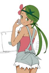 Rule 34 | 1girl, bare arms, bare shoulders, blush, bow, bowl, closed mouth, cowboy shot, creatures (company), cutoffs, flower, game freak, green eyes, green hair, grey bow, hair flower, hair ornament, headband, holding, holding bowl, jar, ladle, long hair, looking at viewer, looking back, low twintails, mallow (pokemon), ninchan, nintendo, overalls, partially colored, pink shirt, pokemon, pokemon sm, poz, shirt, simple background, smile, solo, standing, swept bangs, tareme, twintails, white background
