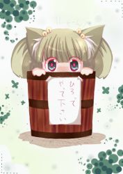 Rule 34 | 1girl, animal ears, bad id, bad pixiv id, bell, blush, bucket, cat ears, cat girl, chibi, female focus, for adoption, green hair, in bucket, in container, kemonomimi mode, kisume, multicolored eyes, ndex, solo, touhou, translation request, twintails