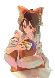 Rule 34 | 1girl, ascot, bad id, bad twitter id, brown eyes, brown hair, clenched teeth, detached sleeves, plate, eating, food, hair ornament, hair ribbon, hair tubes, hakurei reimu, highres, japanese clothes, long hair, long sleeves, miko, pisoshi, pizza, ribbon, shirt, simple background, skirt, skirt set, solo, teeth, touhou, white background, wide sleeves