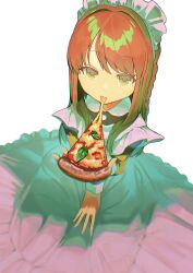 Rule 34 | 1girl, arm between legs, braid, cheese trail, dress, expressionless, eyelashes, food, food focus, frilled dress, frilled hairband, frills, from above, green eyes, hairband, highres, holding, holding food, holding pizza, kagenoyuhi, kneeling, long dress, long hair, long sleeves, looking at viewer, orange hair, original, pizza, pizza slice, solo, white background
