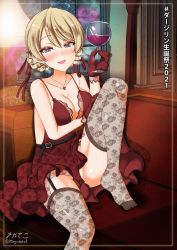 Rule 34 | 1girl, alcohol, blonde hair, blue eyes, blush, braid, breasts, cleavage, collarbone, cup, darjeeling (girls und panzer), dress, drinking glass, fishnet thighhighs, fishnets, french braid, garter straps, girls und panzer, highres, indoors, jewelry, large breasts, looking at viewer, megadeko, necklace, no panties, open mouth, red dress, sky, smile, solo, star (sky), starry sky, thighhighs, window, wine, wine glass