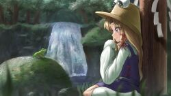 Rule 34 | 1girl, blonde hair, blurry, blush, brown hat, closed mouth, commentary request, day, depth of field, forest, frog, full body, grass, grey eyes, hair ribbon, hat, long hair, long sleeves, looking at animal, luke (kyeftss), medium bangs, moriya suwako, moss, nature, no shoes, outdoors, parted bangs, purple skirt, purple vest, red ribbon, ribbon, rock, seiza, shide, shirt, sitting, skirt, skirt set, smile, socks, solo, touhou, tree, vest, water, waterfall, white shirt, white socks