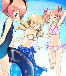 Rule 34 | 10s, 3girls, :d, abe kanari, armpits, barefoot, bikini, blonde hair, blue eyes, breasts, charlotte (madoka magica), closed eyes, drill hair, food, ice cream, ice cream cone, innertube, kaname madoka, mahou shoujo madoka magica, mahou shoujo madoka magica (anime), medium breasts, multiple girls, navel, official style, one-piece swimsuit, open mouth, personification, pink hair, sarong, school swimsuit, short hair, short twintails, small breasts, smile, swim ring, swimsuit, tankini, tomoe mami, twin drills, twintails, white bikini