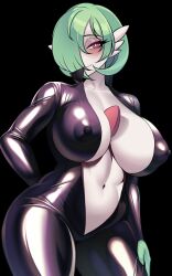 Rule 34 | 1girl, arm behind back, black background, black bodysuit, blush, bob cut, bodysuit, breasts, bright pupils, center opening, closed mouth, collarbone, colored skin, covered erect nipples, cowboy shot, creatures (company), female focus, game freak, gardevoir, gen 3 pokemon, green hair, green skin, hair over one eye, half-closed eyes, hand on own thigh, happy, highres, huge breasts, long sleeves, looking at viewer, multicolored skin, navel, nintendo, one eye covered, open bodysuit, open clothes, pokemon, pokemon (creature), red eyes, shiny clothes, short hair, simple background, smile, solo, standing, stomach, thick thighs, thighs, two-tone skin, white pupils, white skin, wide hips, zwei (saedelaere)