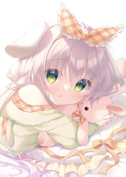 Rule 34 | 1girl, :o, animal ears, bare shoulders, bed sheet, bow, frilled pillow, frilled ribbon, frills, green eyes, green jacket, grey hair, hair between eyes, hair ribbon, hood, hood down, hooded jacket, hugging object, jacket, long hair, long sleeves, looking at viewer, orange ribbon, original, parted lips, pillow, plaid, plaid ribbon, polka dot, rabbit ears, ribbon, simple background, solo, stuffed animal, stuffed rabbit, stuffed toy, upper body, very long hair, white background, yellow bow, yukie (peach candy)