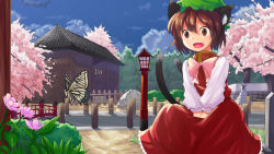 Rule 34 | 1girl, animal ears, bow, bridge, brown eyes, brown hair, bug, bush, butterfly, cat ears, cat girl, cat tail, chen, cherry blossoms, day, earrings, fang, female focus, flower, hamakenn, hat, bug, jewelry, lamppost, multiple tails, nekomata, open mouth, outdoors, road, rock, rope, shide, shimenawa, short hair, solo, street, tail, touhou