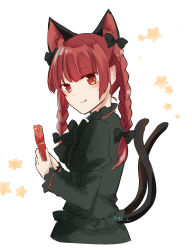 Rule 34 | 1girl, :p, artist name, black bow, black bowtie, blunt bangs, blush, bow, bowtie, cat tail, closed mouth, cropped torso, dress, extra ears, from side, green dress, hair bow, hair ribbon, hand up, highres, holding, juliet sleeves, kaenbyou rin, koto (shiberia39), light smile, long hair, long sleeves, looking at viewer, multiple tails, nekomata, pointy ears, puffy sleeves, red eyes, red hair, ribbon, simple background, solo, tail, tongue, tongue out, touhou, tress ribbon, twintails, two tails, upper body, white background