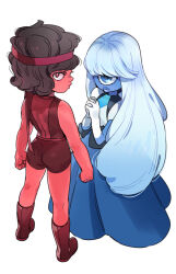 Rule 34 | 2girls, ass, back turned, blue eyes, blue hair, blue skin, boots, clenched hands, collar, colored skin, commentary, covered navel, dress, english commentary, headband, looking back, multiple girls, one-eyed, own hands clasped, own hands together, petite, red eyes, red headband, red skin, ruby (steven universe), sapphire (steven universe), shortstack, simple background, standing, steven universe, tight butt, white background, yutaka7