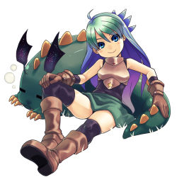 Rule 34 | 1girl, adk, ahoge, armor, bad id, bad pixiv id, black thighhighs, blue eyes, blue hair, blush, boobplate, boots, breastplate, elbow gloves, gloves, green hair, leotard, long hair, looking at viewer, matching hair/eyes, monster, multicolored hair, open mouth, really till, simple background, sitting, smile, snk, solo, spiked hair, stupa13a, thighhighs, twinkle star sprites, two-tone hair, white background