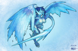 Rule 34 | 1girl, 2022, absurdres, artist name, blue background, blue hair, blue scales, blue skin, blue theme, blue wings, breasts, claws, closed mouth, colored sclera, colored skin, completely nude, dated, digitigrade, dragon girl, dragon tail, dragon wings, fingernails, flying, hands up, highres, large breasts, leg up, long hair, monster girl, monster hunter, monster hunter: world, monster hunter (series), muhut, nude, orange sclera, personification, scales, sharp fingernails, simple background, slit pupils, tail, velkhana, wings, yellow eyes