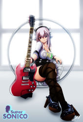 Rule 34 | 1girl, absurdres, breasts, cleavage, electric guitar, food, gibson sg, guitar, headphones, high heels, highres, instrument, large breasts, long hair, looking at viewer, macaron, nitroplus, photo-referenced, pink eyes, pink hair, sitting, skydrg, smile, solo, super sonico, thighhighs