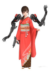Rule 34 | 1girl, absurdres, brown eyes, brown hair, closed mouth, devil lo, extra arms, floral print, gun, highres, holding, holding gun, holding weapon, japanese clothes, kimono, long hair, mecha musume, mechanical arms, original, red kimono, red lips, signature, simple background, single mechanical arm, solo, standing, weapon, white background