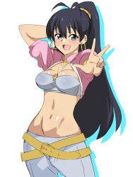 Rule 34 | 1girl, :d, antenna hair, arm behind head, belt, black hair, breasts, cleavage, fang, ganaha hibiki, highres, idolmaster, idolmaster (classic), jewelry, kagemusha, long hair, looking at viewer, midriff, navel, necklace, open mouth, pink diamond 765, ponytail, smile, solo, v, venus symbol, white background