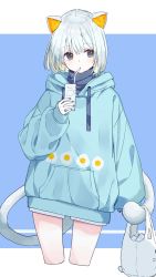 Rule 34 | 1girl, animal ear fluff, animal ears, bag, blue background, blue eyes, blue hoodie, blue nails, blue theme, cat ears, cat tail, commentary, cowboy shot, cropped legs, drinking straw, highres, holding, holding with tail, hood, hood down, hoodie, juice box, looking to the side, nail polish, original, prehensile tail, rb2, shopping bag, short hair, silver hair, simple background, solo, standing, symbol-only commentary, tail, turtleneck, two-tone background, white background