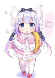 Rule 34 | 10s, 1girl, :o, banana, beads, black ribbon, blue eyes, blue hair, blush, capelet, food, fruit, full body, fur trim, hair beads, hair ornament, hair ribbon, hard-translated, holding, holding food, horns, kanna kamui, kobayashi-san chi no maidragon, long hair, looking at viewer, open mouth, piyodera mucha, ribbon, simple background, solo, speech bubble, standing, thighhighs, third-party edit, translated, white background, white thighhighs