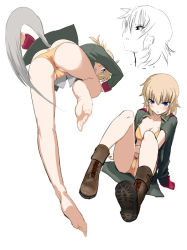 Rule 34 | 1girl, animal ears, ass, barefoot, blonde hair, blue eyes, blush, boots, cameltoe, feet, louis hoche, messy (efuya), military, military uniform, multiple views, open clothes, open shirt, original, panties, shirt, sitting, soles, strike witches, tail, toes, underwear, uniform, world witches series