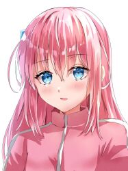 Rule 34 | 1girl, blue eyes, blush, bocchi the rock!, gotoh hitori, hair ornament, highres, jacket, kikugawa roku, long hair, looking at viewer, open mouth, pink hair, pink jacket, simple background, solo, upper body, white background