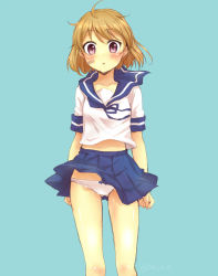 Rule 34 | 10s, 1girl, :o, ahoge, artist name, bandaid, bandaid on face, blonde hair, blue background, bow, bow panties, clenched hand, collarbone, kantai collection, looking at viewer, midriff peek, military, military uniform, oboro (kancolle), panties, pleated skirt, purple eyes, sa ioio, short sleeves, simple background, skirt, sleeve cuffs, solo, twitter username, underwear, uniform, wind, wind lift
