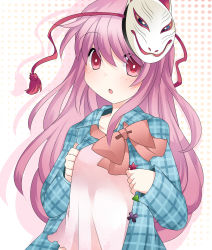 Rule 34 | 1girl, babydoll, bad id, bad pixiv id, bow, circle, cross, fox mask, hammer (sunset beach), hata no kokoro, long hair, long sleeves, looking at viewer, mask, open clothes, open mouth, open shirt, pink eyes, pink hair, plaid, plaid shirt, ribbon, shirt, solo, star (symbol), touhou, triangle, triangle mouth, upper body