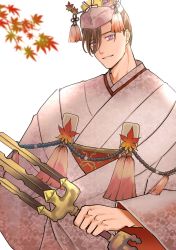 Rule 34 | 1boy, autumn leaves, blue eyes, brown hair, eyes visible through hair, fate/grand order, fate (series), highres, holding, itokon300, japanese clothes, kijo kouyou (fate), kijo kouyou (second ascension) (fate), kimono, looking at viewer, male focus, parted lips, short hair, simple background, smile, solo, swept bangs, tagme, upper body, white background, white kimono, yamanami keisuke (fate)