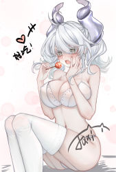 Rule 34 | 1girl, :o, absurdres, antenna hair, blush, bra, breasts, candy, cleavage, covered erect nipples, duel monster, excited, eyelashes, feet out of frame, food, grey eyes, grey hair, hand on own cheek, hand on own face, hands up, heart, heart-shaped pupils, highres, holding, holding candy, holding food, holding lollipop, horns, jingqianxi, large breasts, lollipop, lovely labrynth of the silver castle, no wings, open mouth, panties, pointy ears, saliva, saliva trail, sidelocks, sitting, skindentation, solo, strap gap, symbol-shaped pupils, thighhighs, twintails, underwear, underwear only, white background, white bra, white panties, white thighhighs, yu-gi-oh!