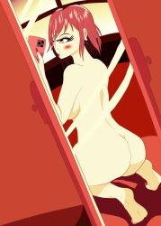 Rule 34 | ass, breasts, butt crack, cellphone, completely nude, feet, highres, mirror, morning, nintendo, nude, orange eyes, phone, pyra (xenoblade), red hair, self shot, short hair, sideboob, smartphone, squatting, super smash bros., window