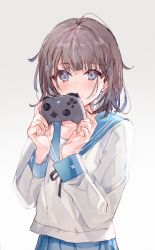 Rule 34 | 1girl, blue eyes, blue nails, blue sailor collar, blue skirt, blush, brown hair, closed mouth, commentary request, controller, game controller, hair ornament, hairclip, hands up, highres, holding, holding controller, holding game controller, long sleeves, looking at viewer, medium hair, nail polish, original, sailor collar, school uniform, serafuku, shia job, shirt, simple background, skirt, solo, upper body, white background, white shirt