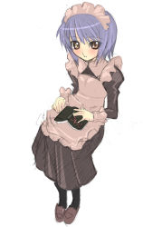 Rule 34 | 00s, 1girl, alternate costume, apron, black dress, black pantyhose, blush, book, brown footwear, dress, eyebrows, from above, full body, juliet sleeves, long sleeves, looking at viewer, maid, maid apron, maid headdress, nagato yuki, nagy, open book, pantyhose, parted lips, puffy sleeves, purple hair, shoes, short hair, silver hair, simple background, sitting, sketch, solo, suzumiya haruhi no yuuutsu, white background, wrist cuffs, yellow eyes