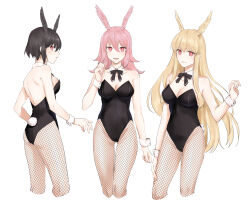 Rule 34 | 3girls, absurdres, alternate costume, bare shoulders, black hair, black leotard, black ribbon, blonde hair, breasts, cleavage, commentary request, detached collar, fate/grand order, fate (series), fishnet pantyhose, fishnets, head wings, highres, hildr (fate), leotard, long hair, looking at viewer, medium breasts, medium hair, multiple girls, nanao parakeet, neck ribbon, ortlinde (fate), pantyhose, pink hair, playboy bunny, red eyes, ribbon, short hair, siblings, simple background, sisters, smile, strapless, strapless leotard, thrud (fate), valkyrie (fate), white background, wings, wrist cuffs