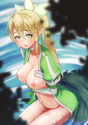 Rule 34 | 10s, 1girl, blonde hair, blush, bottomless, braid, breasts, choker, elf, hoshimoto pierrot, large breasts, leafa, long hair, nipples, partially submerged, pointy ears, ponytail, side braid, sitting, solo, sword art online, twin braids, water, wet