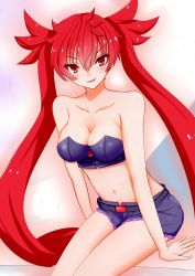 Rule 34 | 1girl, aq interactive, arcana heart, arcana heart 3, artist request, bare shoulders, collarbone, crop top, examu, navel, open mouth, red eyes, red hair, scharlachrot, shorts, sitting, smile, stomach, twintails, very long hair