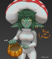 Rule 34 | 1girl, breasts, brown eyes, bug, colored sclera, colored skin, earrings, female goblin, fly, goblin, green hair, green sclera, green skin, grey background, halloween bucket, highres, insect, jewelry, long pointy ears, looking at viewer, medium breasts, mushroom costume, open mouth, original, pointing, pointy ears, roxxxan, simple background, solo, standing, thick eyebrows, trick or treat
