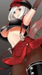 Rule 34 | 10s, 1girl, alisa ilinichina amiella, alisa ilinichina amiella (cosplay), arm up, armpits, black footwear, black pantyhose, blue eyes, boots, breasts, cosplay, crop top, elbow gloves, female focus, from below, gloves, god eater, gradient background, hamakaze (kancolle), hat, highres, kantai collection, large breasts, looking at viewer, midriff, navel, panties, panties under pantyhose, pantyhose, plaid, plaid skirt, short hair, silver hair, sin (kami148), skirt, solo, suspender skirt, suspenders, thigh boots, thighhighs, underboob, underwear, upskirt