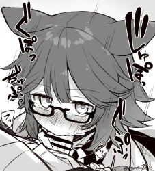 Rule 34 | 1boy, 1girl, animal ears, arknights, bar censor, blush, censored, checkered clothes, checkered scarf, commentary, deepcolor (arknights), fellatio, glasses, greyscale, hetero, highres, looking at viewer, looking over eyewear, monochrome, motion lines, oral, penis, penis grab, pov, scarf, semi-rimless eyewear, short hair, simple background, solo focus, sound effects, twitter username, under-rim eyewear, white background, yom (ymayma00ss)