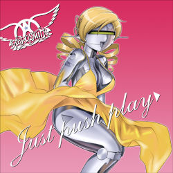 Rule 34 | 1girl, aerosmith, album cover, album cover redraw, android, blonde hair, breasts, clothed robot, clothes lift, cover, derivative work, dress, dress lift, drill hair, english text, gradient background, just push play, large breasts, mahou shoujo madoka magica, mahou shoujo madoka magica (anime), open mouth, parody, pink background, robot, shingyouji tatsuya, solo, tomoe mami, twin drills, twintails, yellow dress