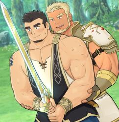 Rule 34 | 2boys, bara, bare arms, blonde hair, blush, crave saga, dark-skinned male, dark skin, excalibur (crave saga), eyebrow cut, facial hair, forked eyebrows, goatee, hand on another&#039;s arm, holding, holding sword, holding weapon, large pectorals, long sideburns, male focus, mature male, multiple boys, muscular, muscular male, nipples, pectoral cleavage, pectorals, protagonist (crave saga), rongjie, short hair, shy, sideburns, sidepec, sweat, sword, teaching, thick eyebrows, topless male, training, wavy mouth, weapon, yaoi